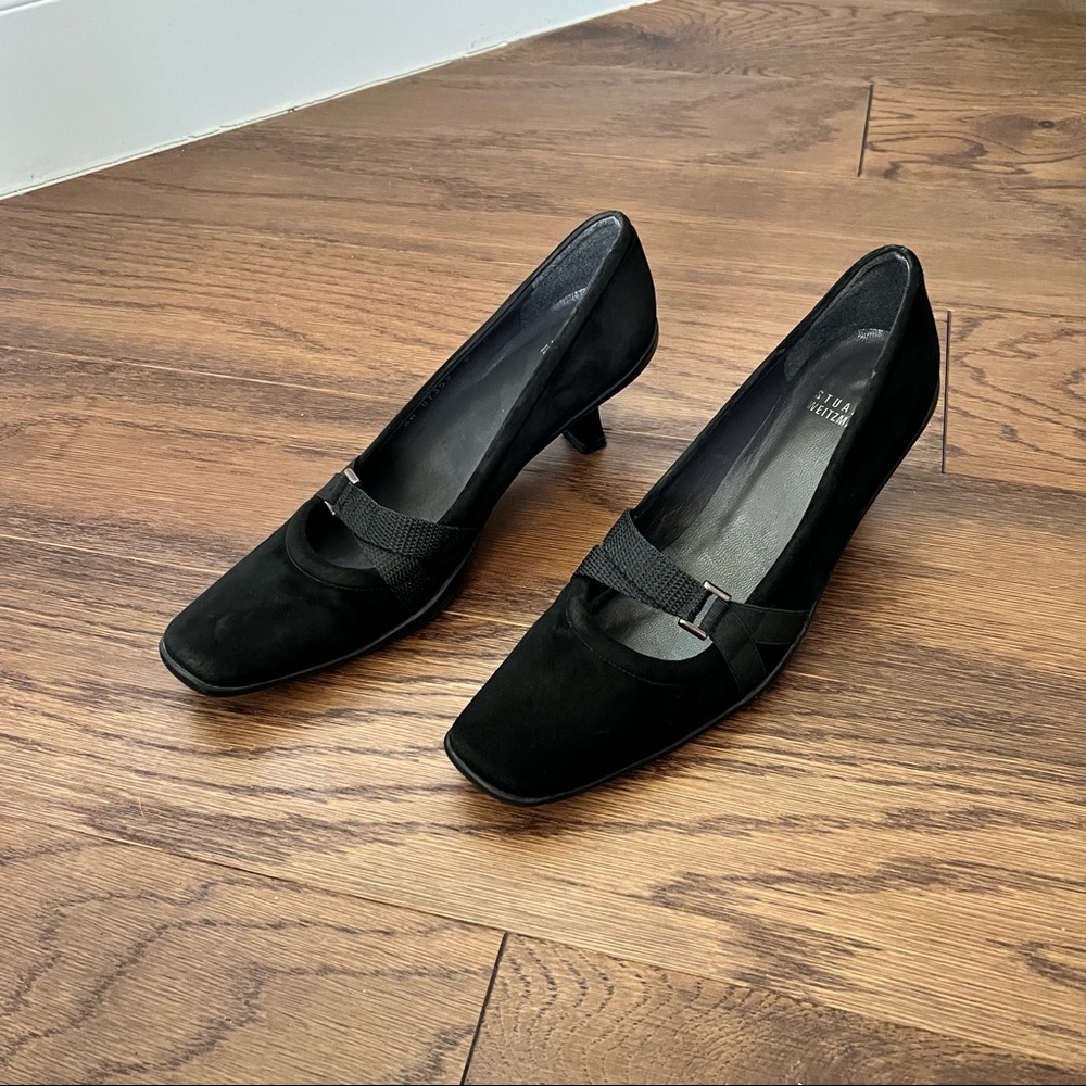 00s Stuart Weitzman Black Suede Vintage Heels with Strap Detail